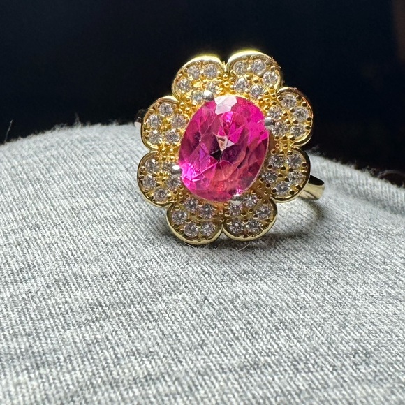 Pink Topaz White Sapphire 14k Gold Over Sterling Silver Ring 2.90 Carat Size 7 - Picture 5 of 10